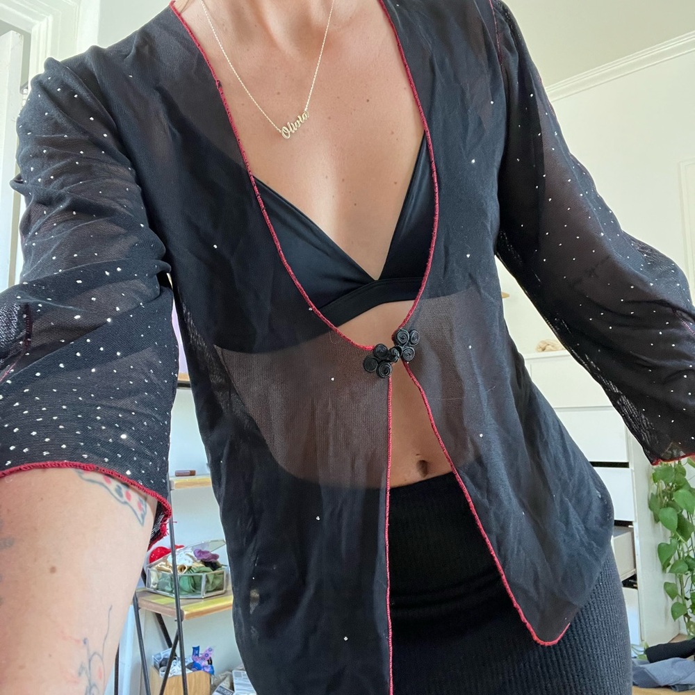Vintage mesh sheer Black and red mesh tie front top with crystal detailing